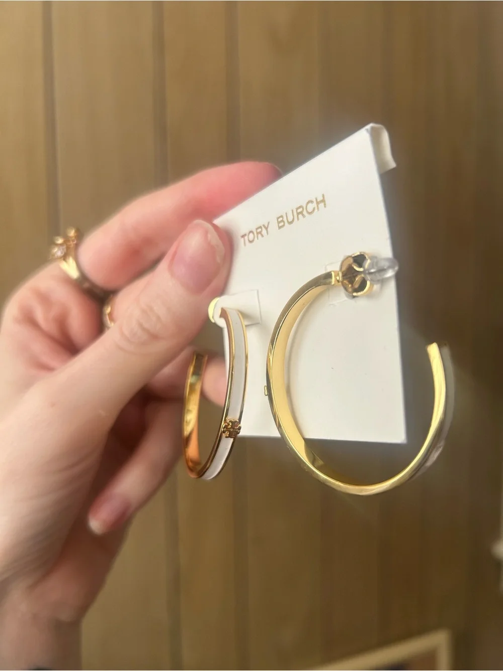 Tory Burch gold and white hoop earrings